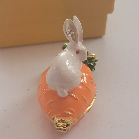 Adorable Bunny Rabbit and Carrot White and Orange Tiny Trinket Box - Picture 4 of 6